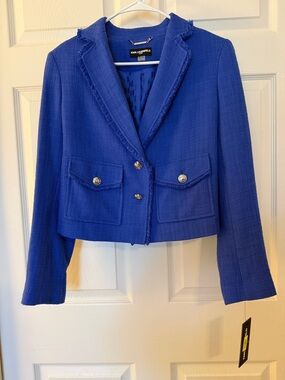 NWT Karl Lagerfeld Royal Blue Tweed Cropped Blazer Size 8